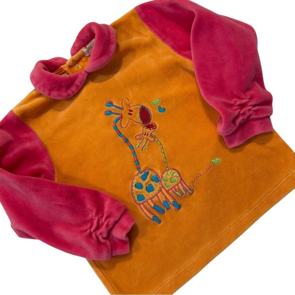 Vintage Petit Lem 24M Giraffe Velour Outfit – Orange Pink Set Footed Pants - Picture 2 of 10